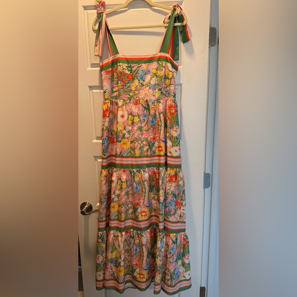 Jade Pink Floral Tiered Maxi Dress with Multicolor Garden Print